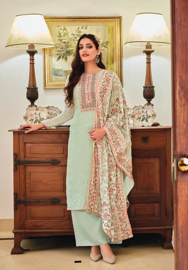 Heavy Chinon Embroidered Plazzo Suit In Mint Green