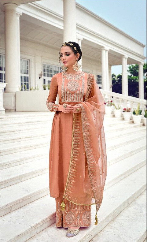 Pure Kuntal Silk Embroidered Plazzo Suit In Peach