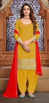 Mustard Yellow Heavy Faux Georgette Embroidered Patiyala Suit