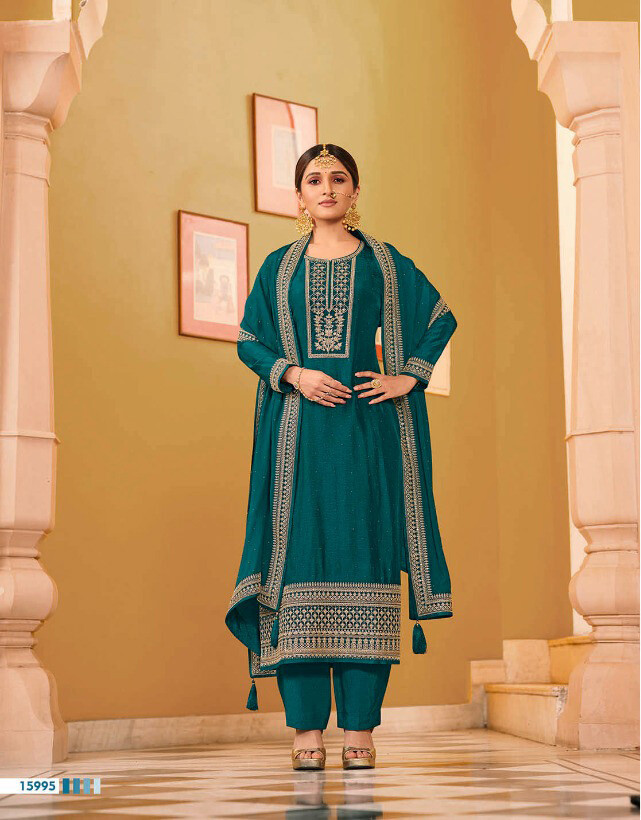 Embroidered Dola Silk With Swarovski Work Suit In Teal Blue