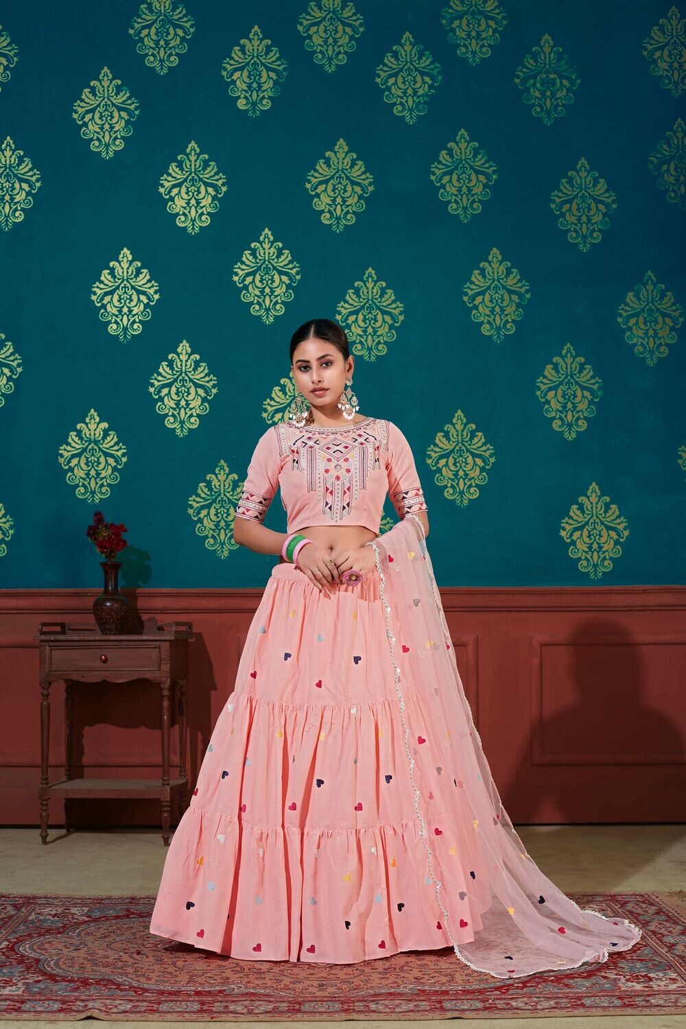 Peach Color Thread With Sequence Embroidered Cotton Lehenga Choli