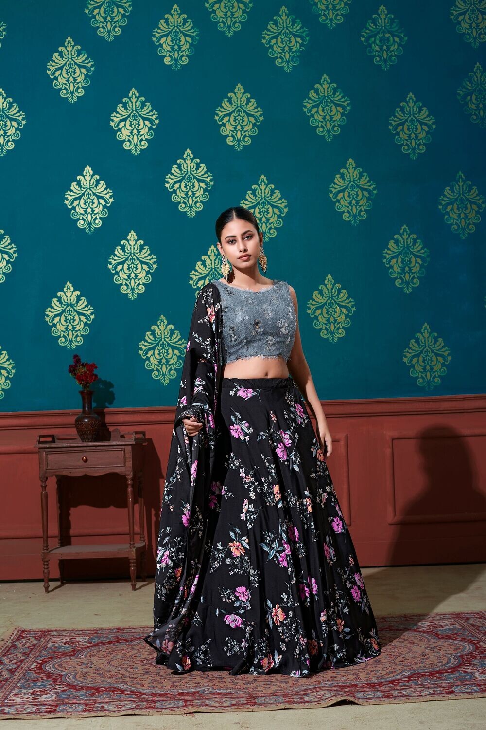 Black Grey Color Thread With Sequence Embroidered Cotton Lehenga Choli