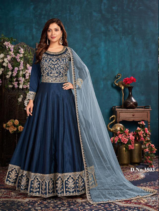 Beautiful Art Silk Embroidered Anarkali Suit In Royal Blue