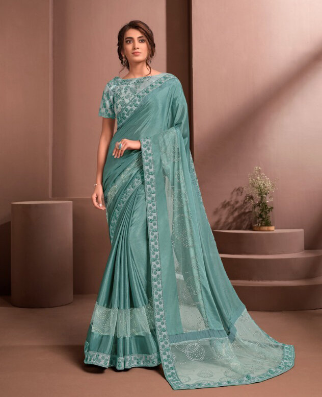 Beautiful Embroidered Silk Saree In Blue