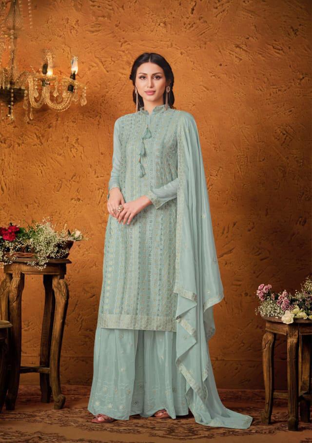 Blue Sequenced Chinon Sharara Suit