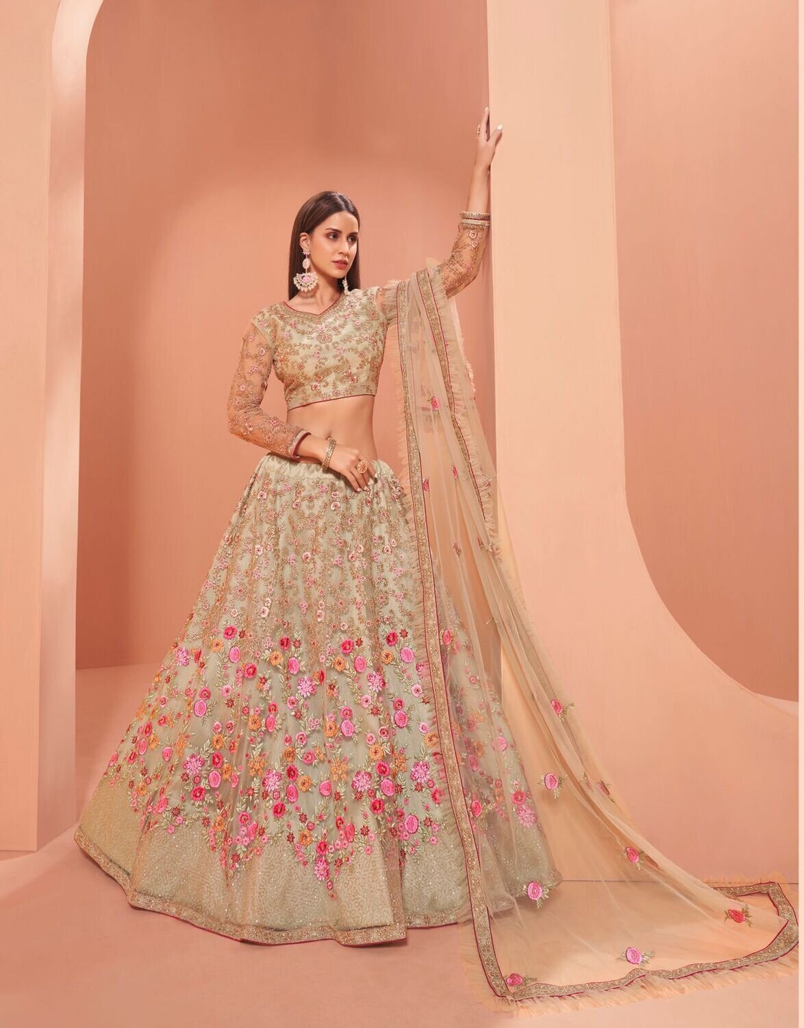 Bridal Wear Heavy Net Lehenga Choli With Zari And Thread Embroidered In Pista Green