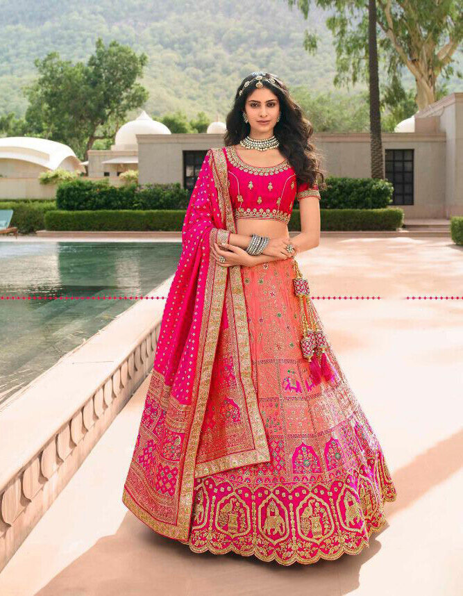 Bridal Wear Stone Embroidered Banarasi Silk Lehenga Choli In Pink