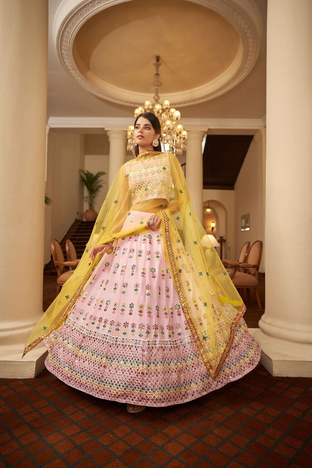 Bridesmaid Wear Shubhkala Present Gota Patti With Thread Embroidered Work Lehenga Choli In Pink Yellow