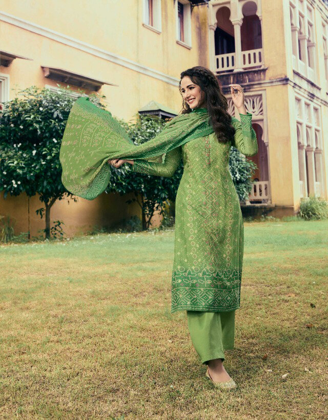 Casual Wear Cotton Silk Pant Suit With Print In Green