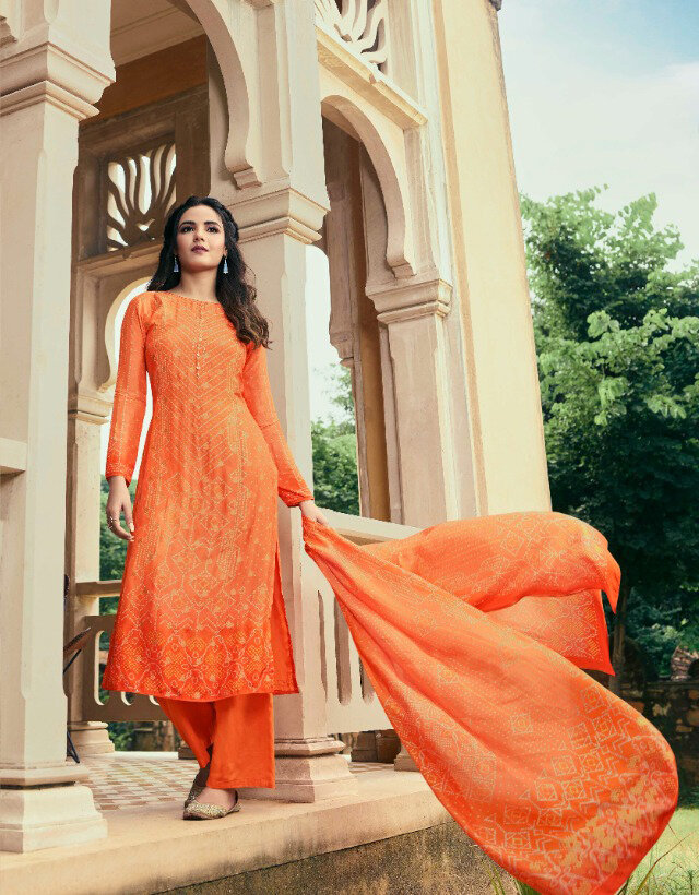 Casual Wear Cotton Silk Pant Suit With Print In Orange