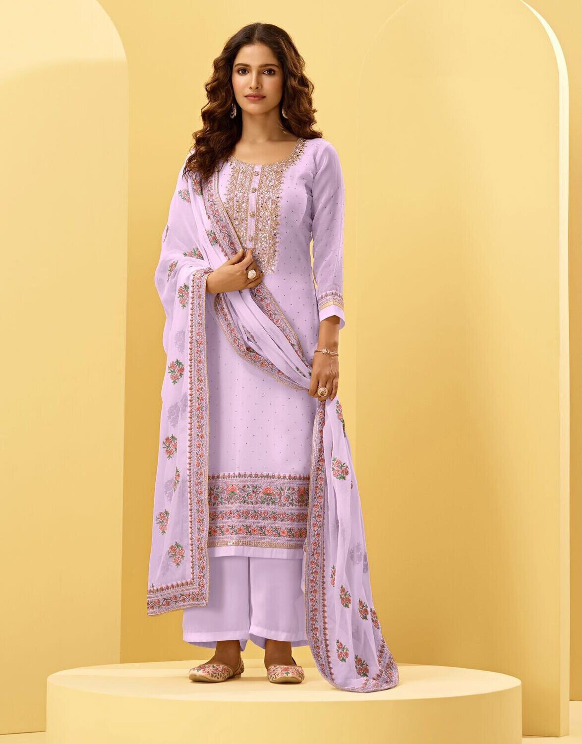 Cording Embroidered Alizeh Georgette Plazzo Suit In Lavender
