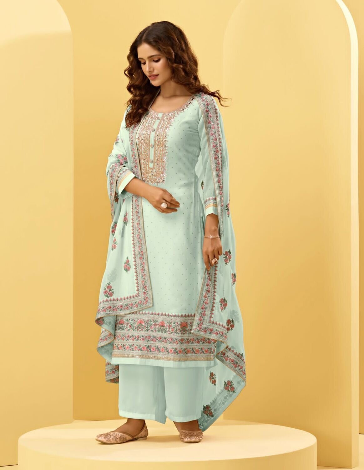 Cording Embroidered Alizeh Georgette Plazzo Suit In Misty Teal