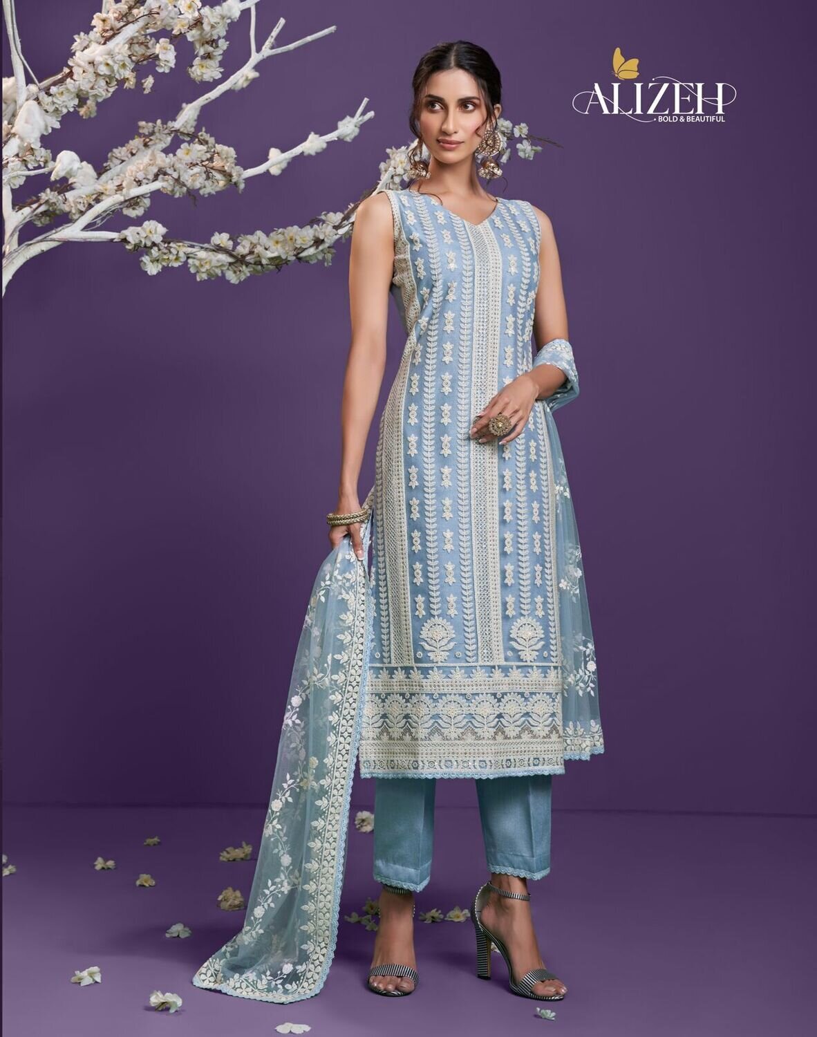 Cotton Thread Embroidered Net Pant Suit In Blue