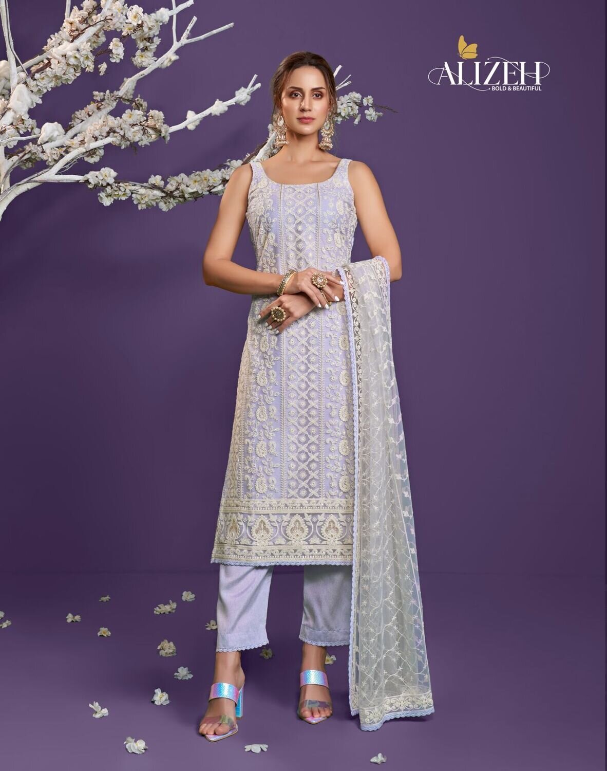 Cotton Thread Embroidered Net Pant Suit In Liliac