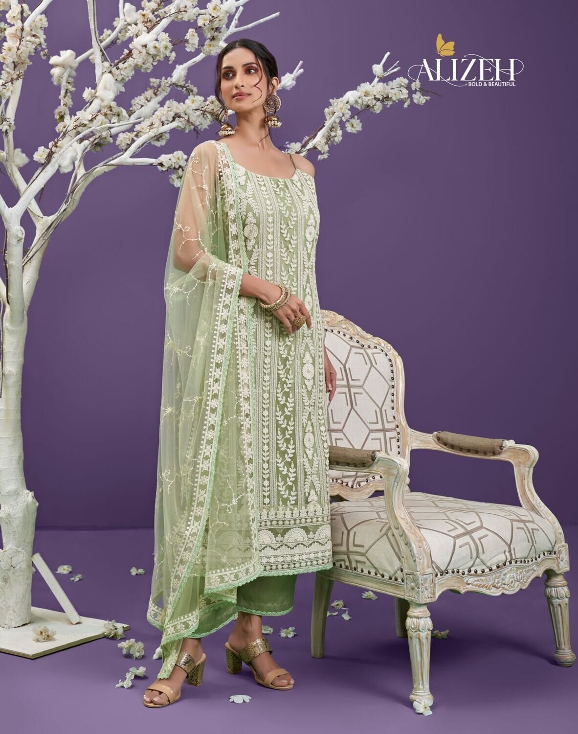Cotton Thread Embroidered Net Pant Suit In Mint Green