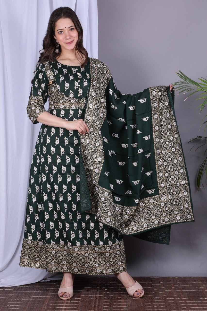 Dark Green Rayon Printed Anarkali Suit