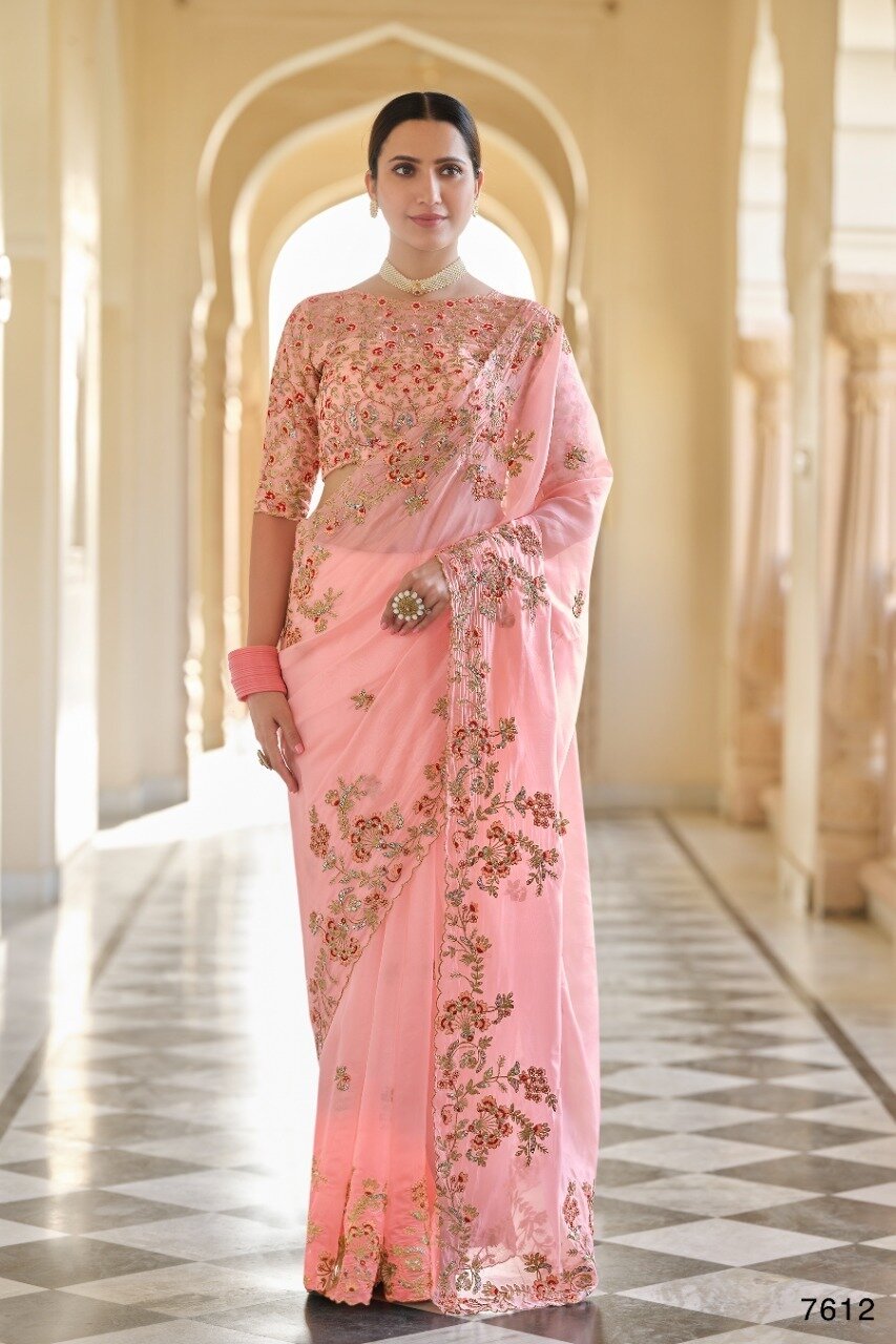 Designer Organza Embroidered Saree In Light Pink