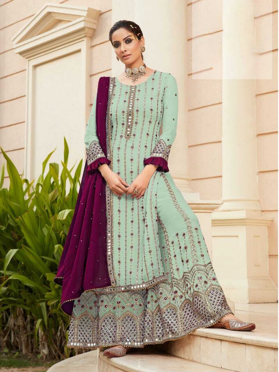 Diamond Mirror Work Embroidered Georgette Sharara Suit In Blue