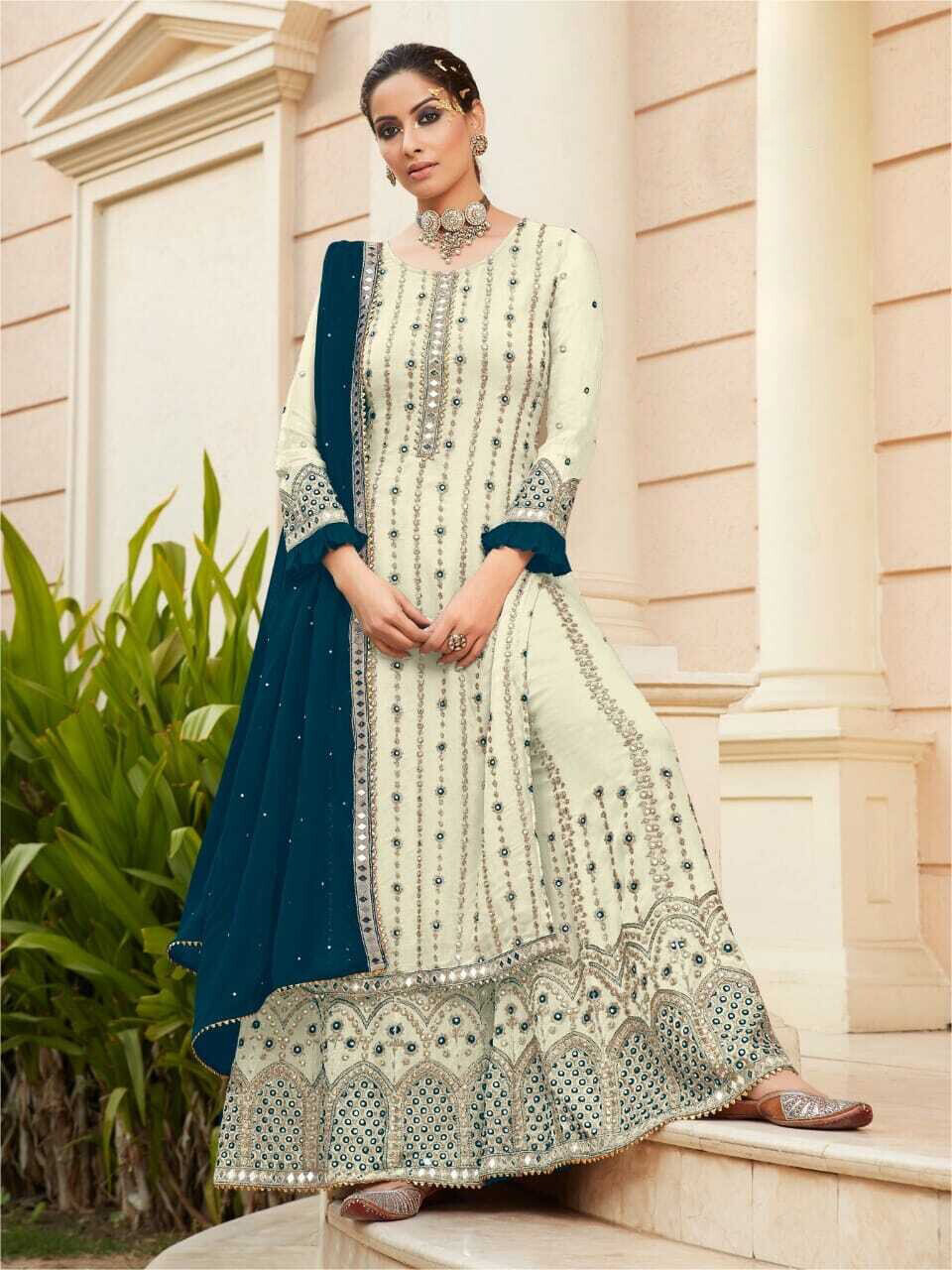 Diamond Mirror Work Embroidered Georgette Sharara Suit In Off White