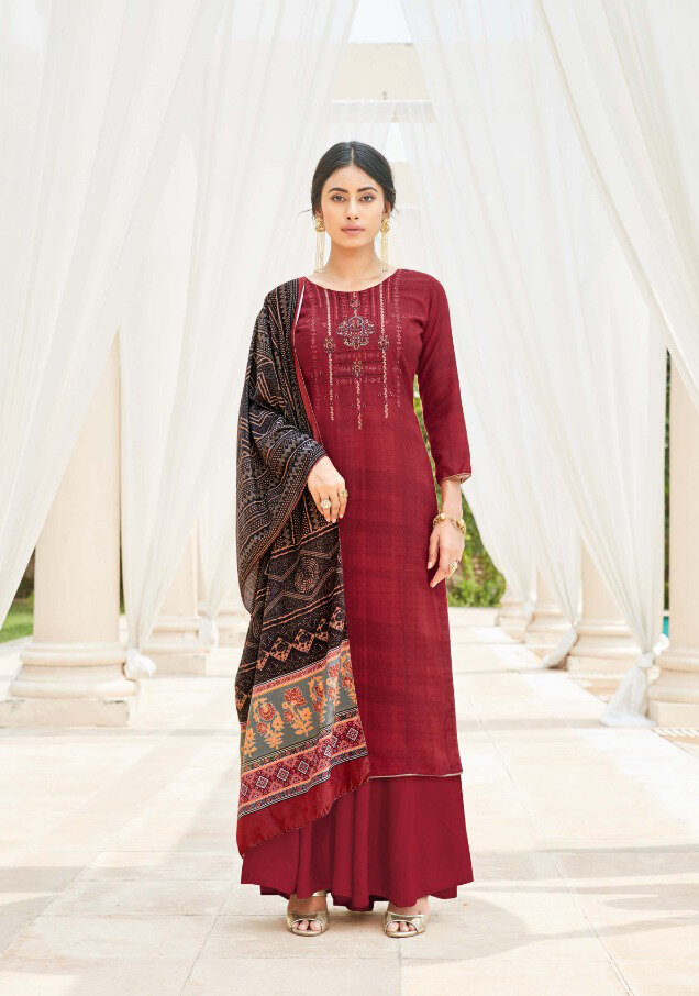 Digital Print Embroidered Pashmina Plazzo Suit In Maroon