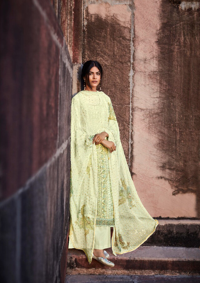 Digital Print Worked Pure Cotton Satin Plazzo Suit In Light Yellow