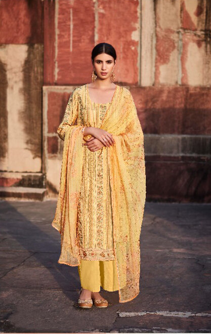 Digital Print Worked Pure Cotton Satin Plazzo Suit In Yellow