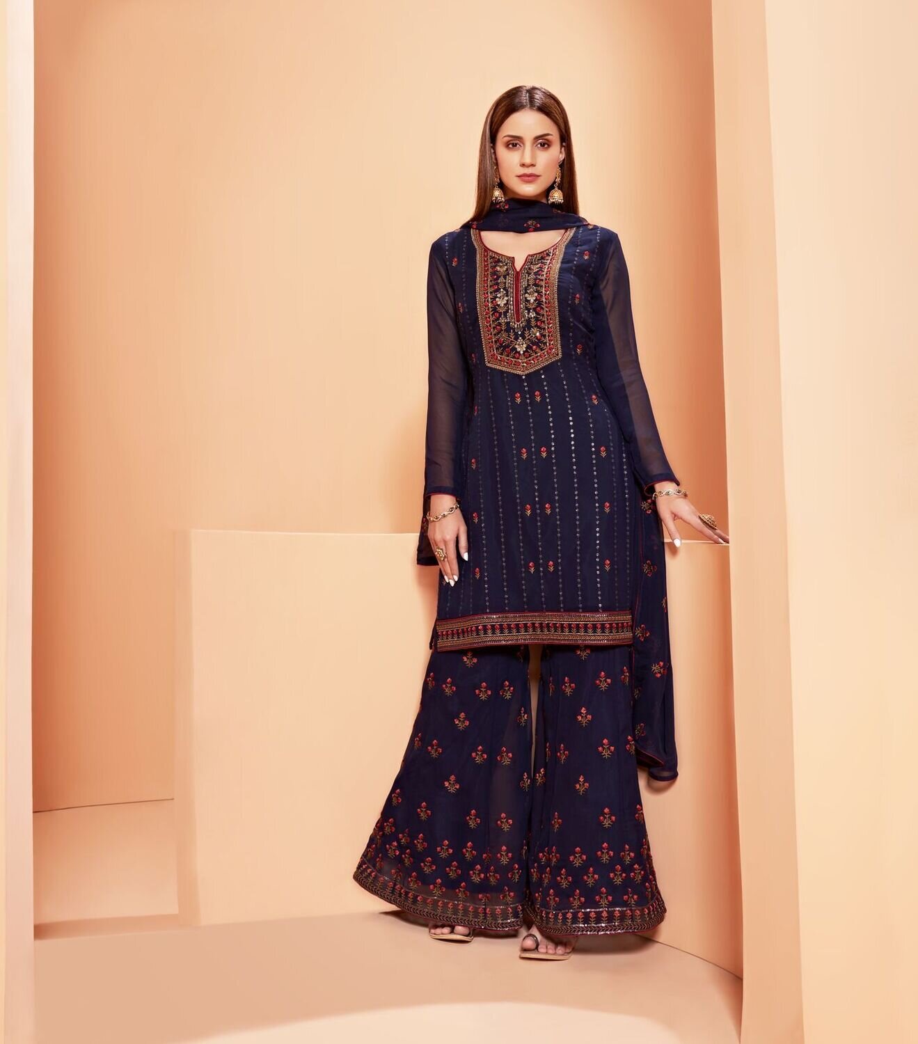 Eid Special Latest Georgette Sharara Suit In Dark Blue