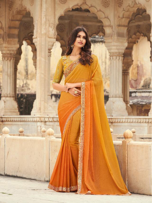 Embroidered Burberry Silk Saree In Fire Yellow