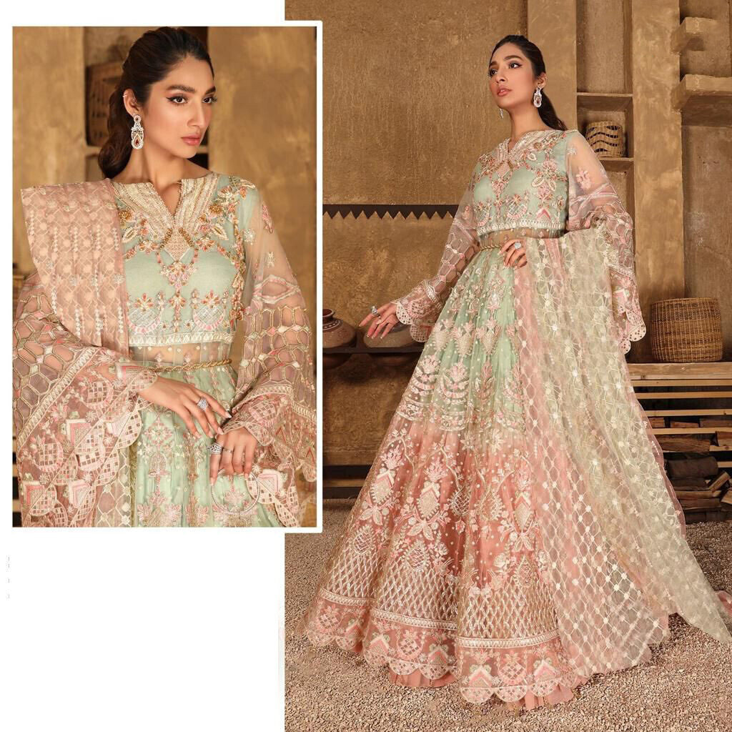Embroidered Butterfly Net Anarkali Suit In Light Green