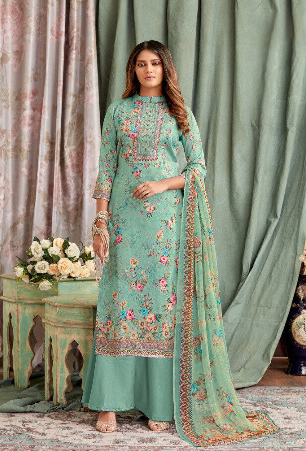Embroidered Digital Print Pure Cotton Plazzo Suit In Blue