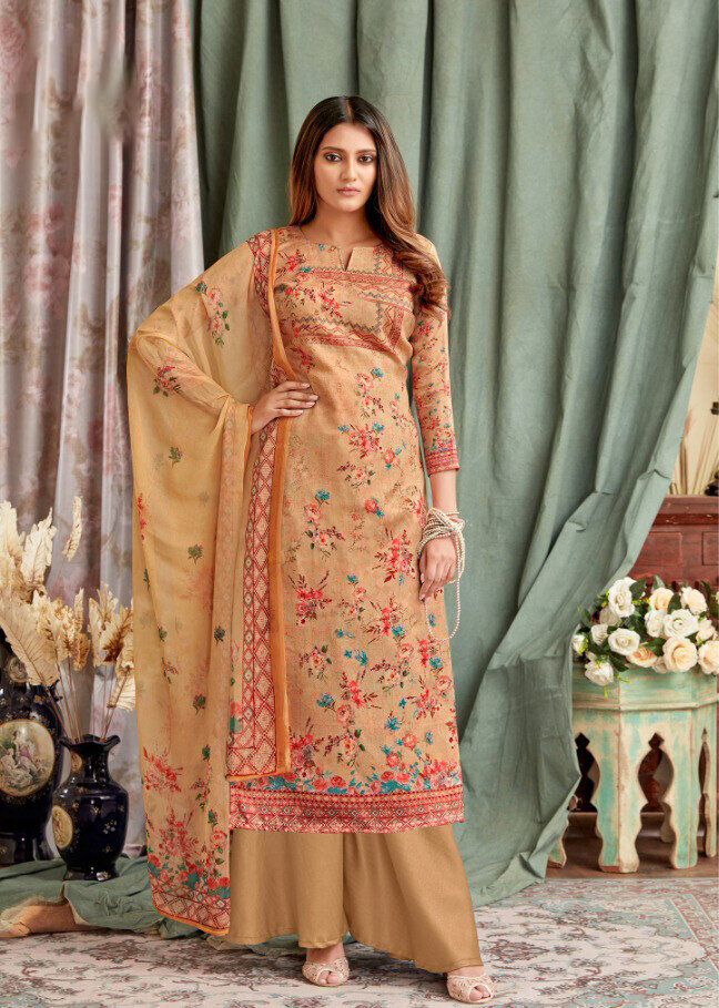 Embroidered Digital Print Pure Cotton Plazzo Suit In Mustard Yellow