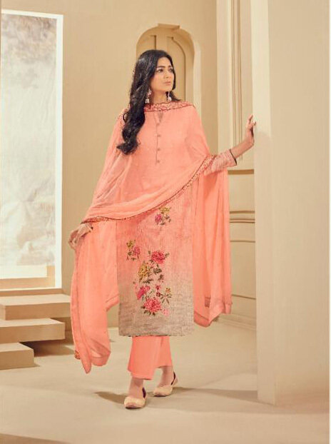 Embroidered Digital Print Pure Cotton Plazzo Suit In Peach