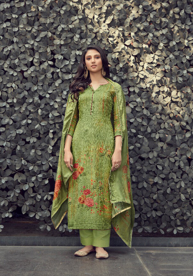 Embroidered Digital Print Pure Muslin Plazzo Suit In Mehendi Green