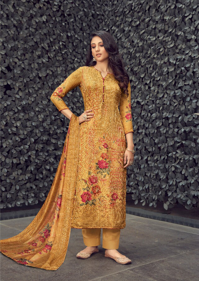 Embroidered Digital Print Pure Muslin Plazzo Suit In Mustard Yellow