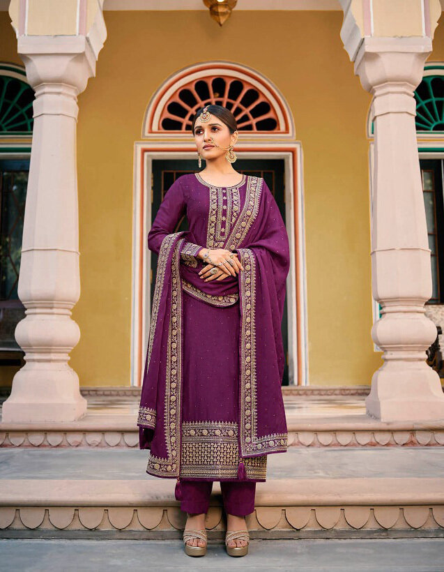 Embroidered Dola Silk With Swarovski Work Suit In Purple