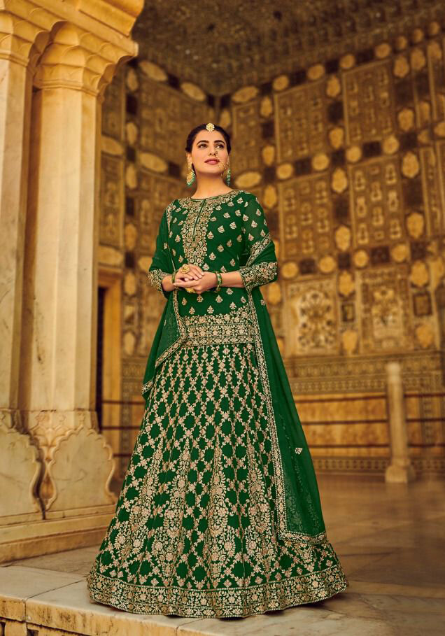 Embroidered Faux Georgette Lehenga Suit In Bottle Green