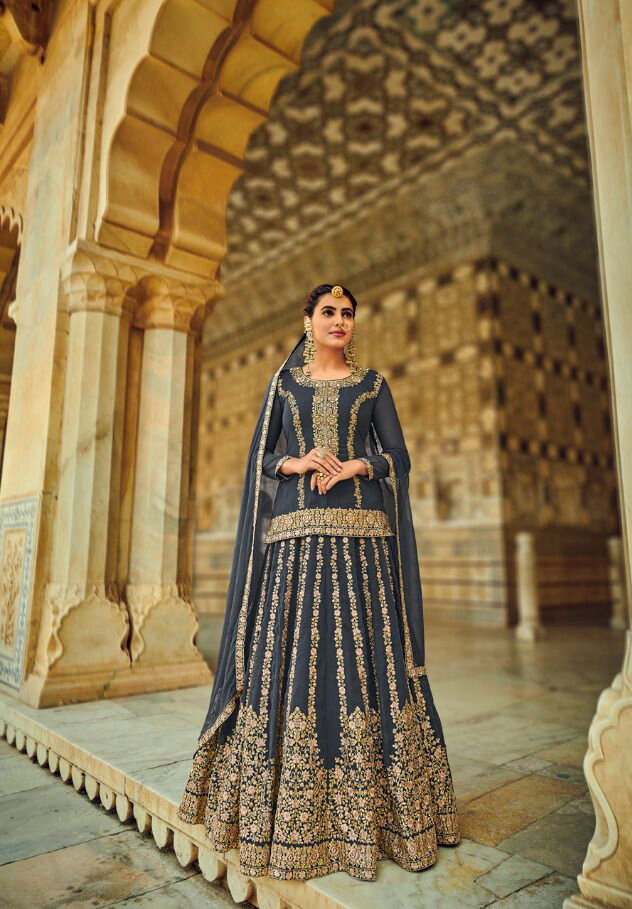Embroidered Faux Georgette Lehenga Suit In Grey