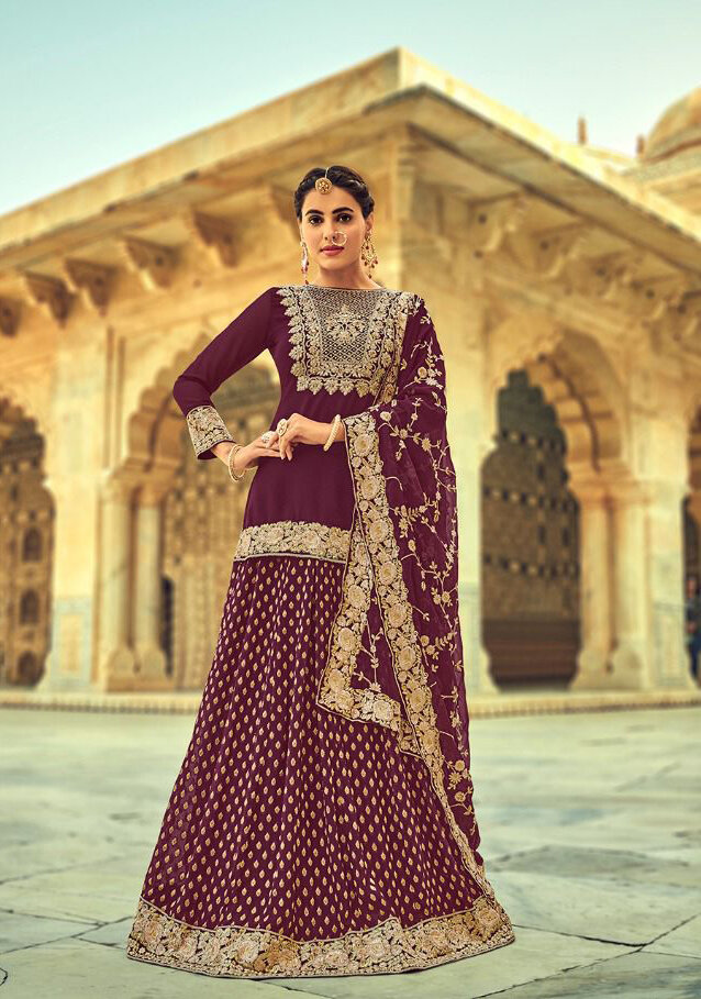 Embroidered Faux Georgette Lehenga Suit In Purple
