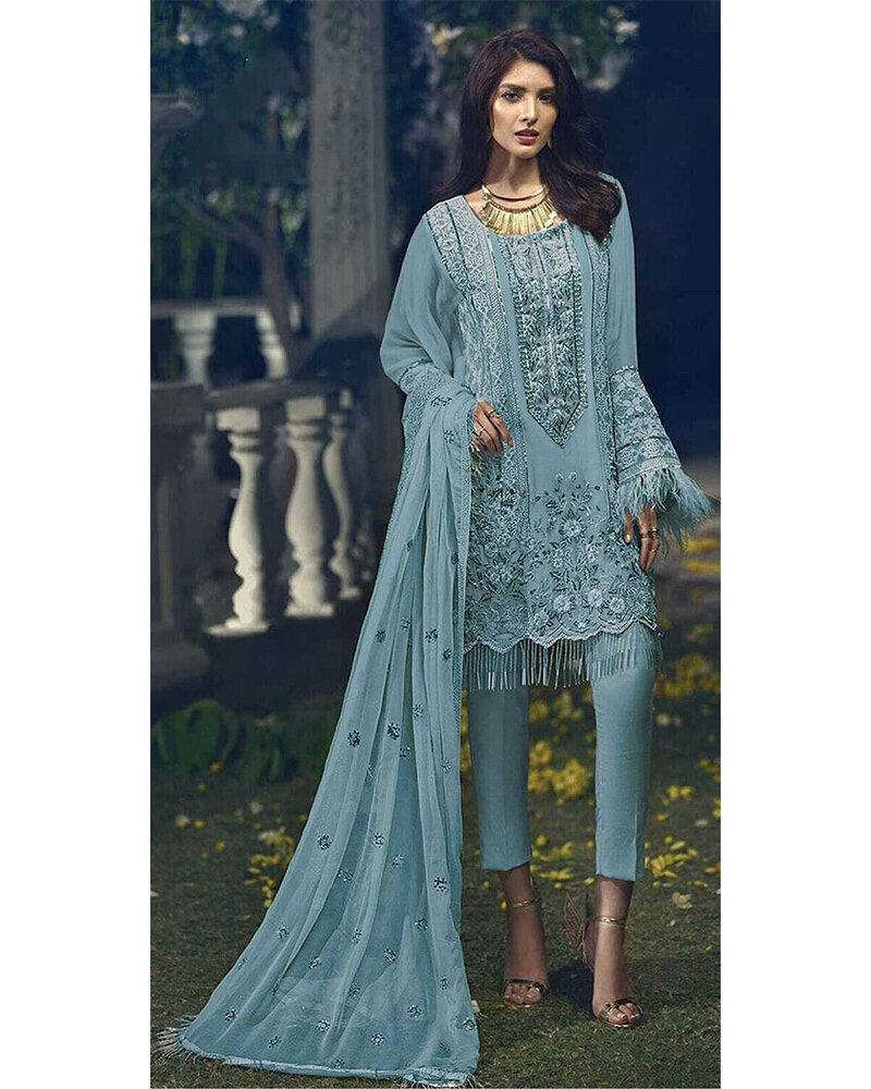 Embroidered Faux Georgette Pakistani Suit In Blue