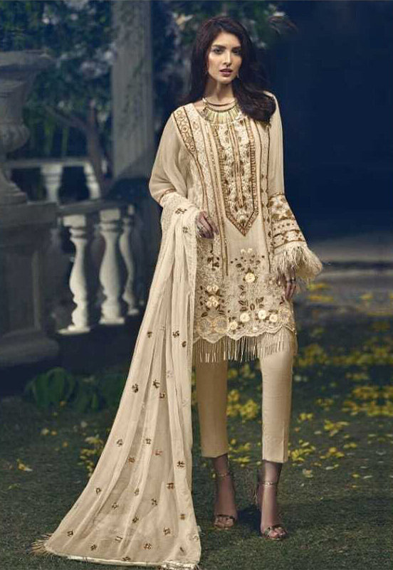 Embroidered Faux Georgette Pakistani Suit In Cream