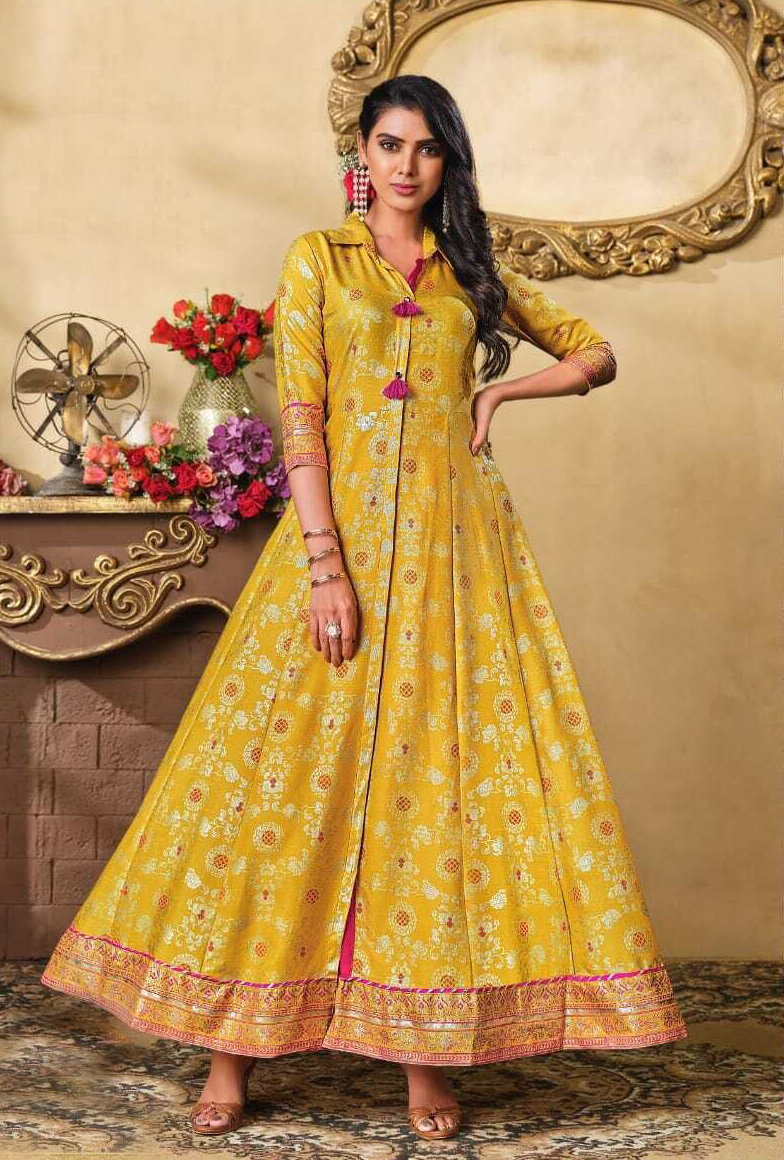 Embroidered Foil Print Heavy Rayon Gown In Yellow