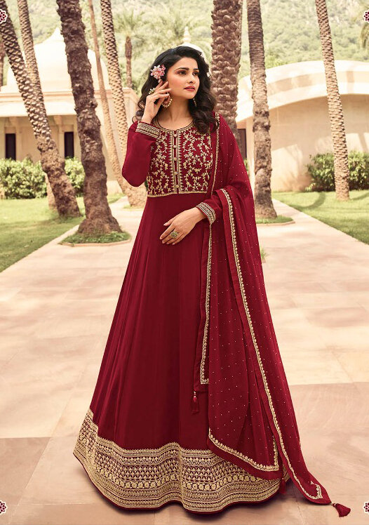 Embroidered Georgette Anarkali Suit In Red