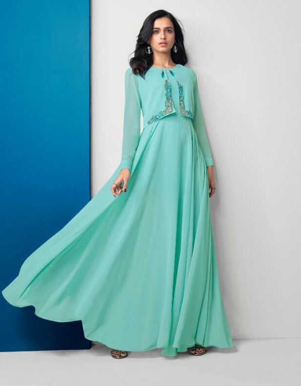 Embroidered Georgette Gown In Sky Blue