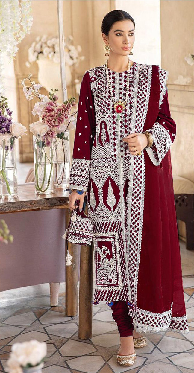 Embroidered Georgette Pakistani Suit In Deep Red