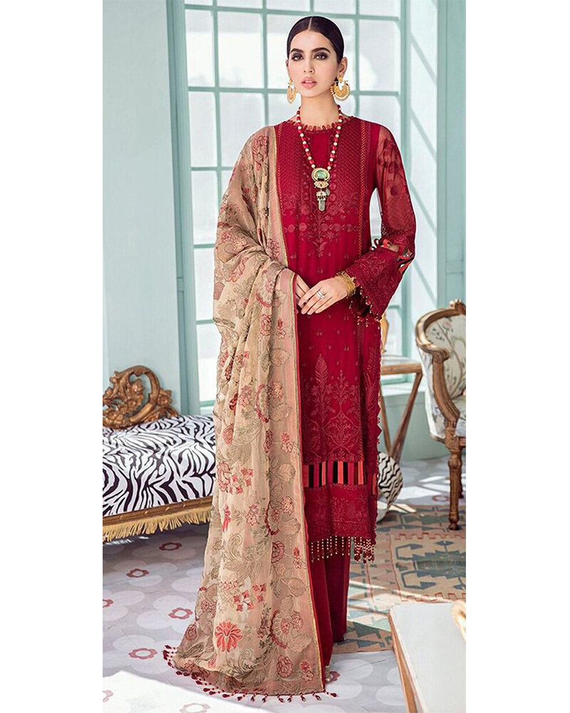 Embroidered Georgette Pakistani Suit In Red