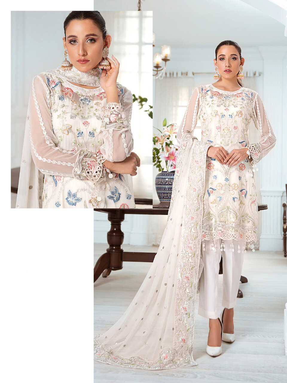 Embroidered Georgette Pakistani Suit In White