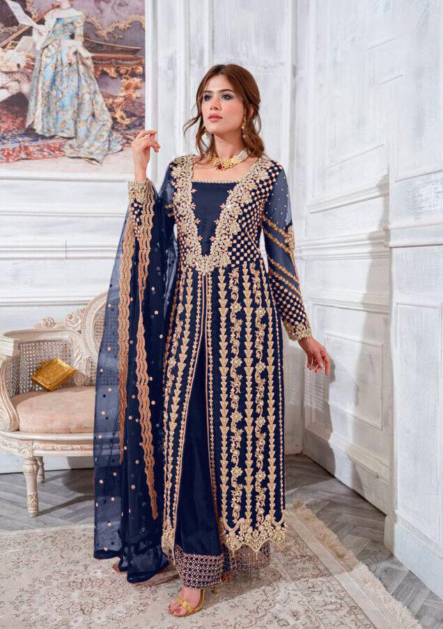 Embroidered Georgette Plazzo Suit In Navy Blue