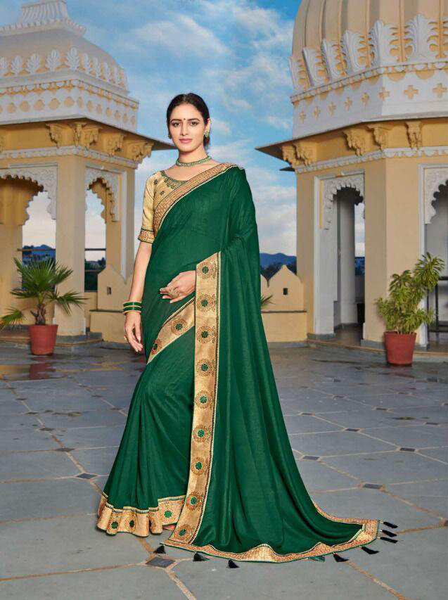 Embroidered Heavy Blooming Festive Special Saree In Dark Green