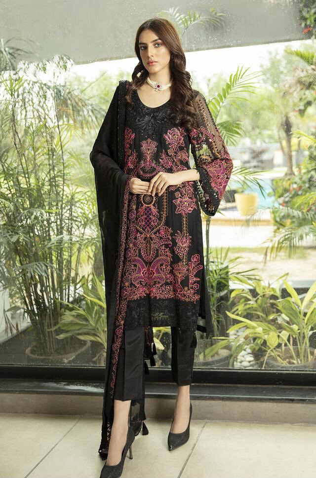Embroidered Heavy Faux Georgette Pakistani Suit In Black