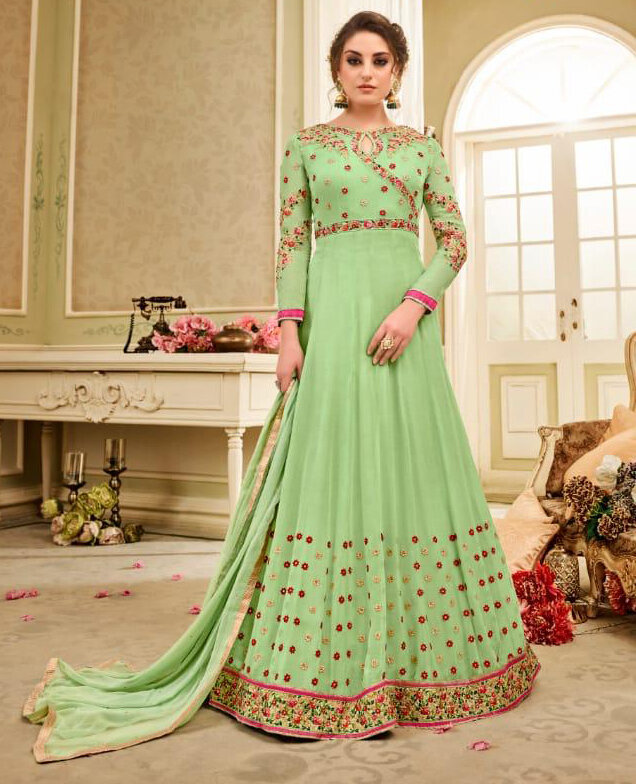 Embroidered Heavy Georgette Anarkali Suit In Light Green